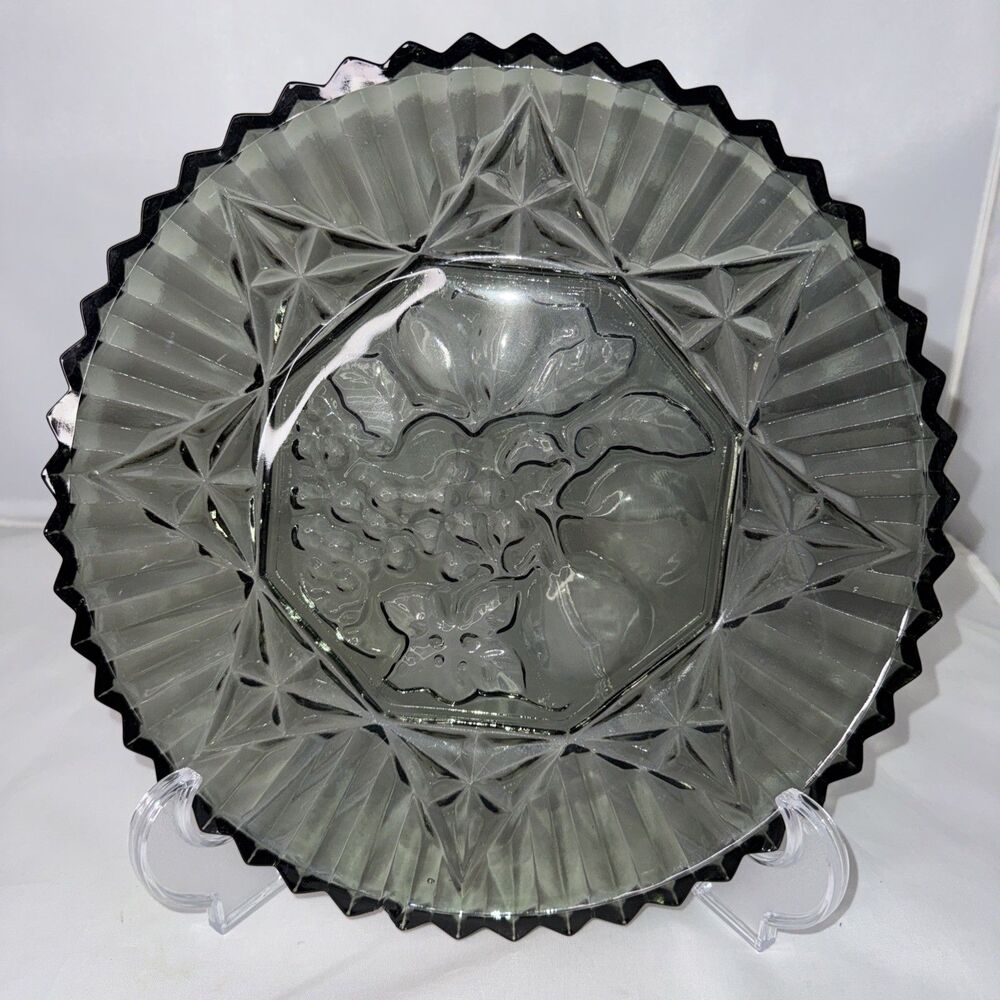 Vintage Federal Glass Pioneer Smoke Carnival Glass Ruffled Plate Fruit Pattern